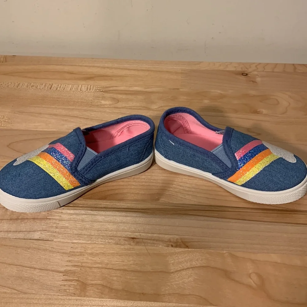 2 Pair Baby Size 5 Casual Slip On Shoe Sparkly Gold And Denim w. Sparkly Rainbow